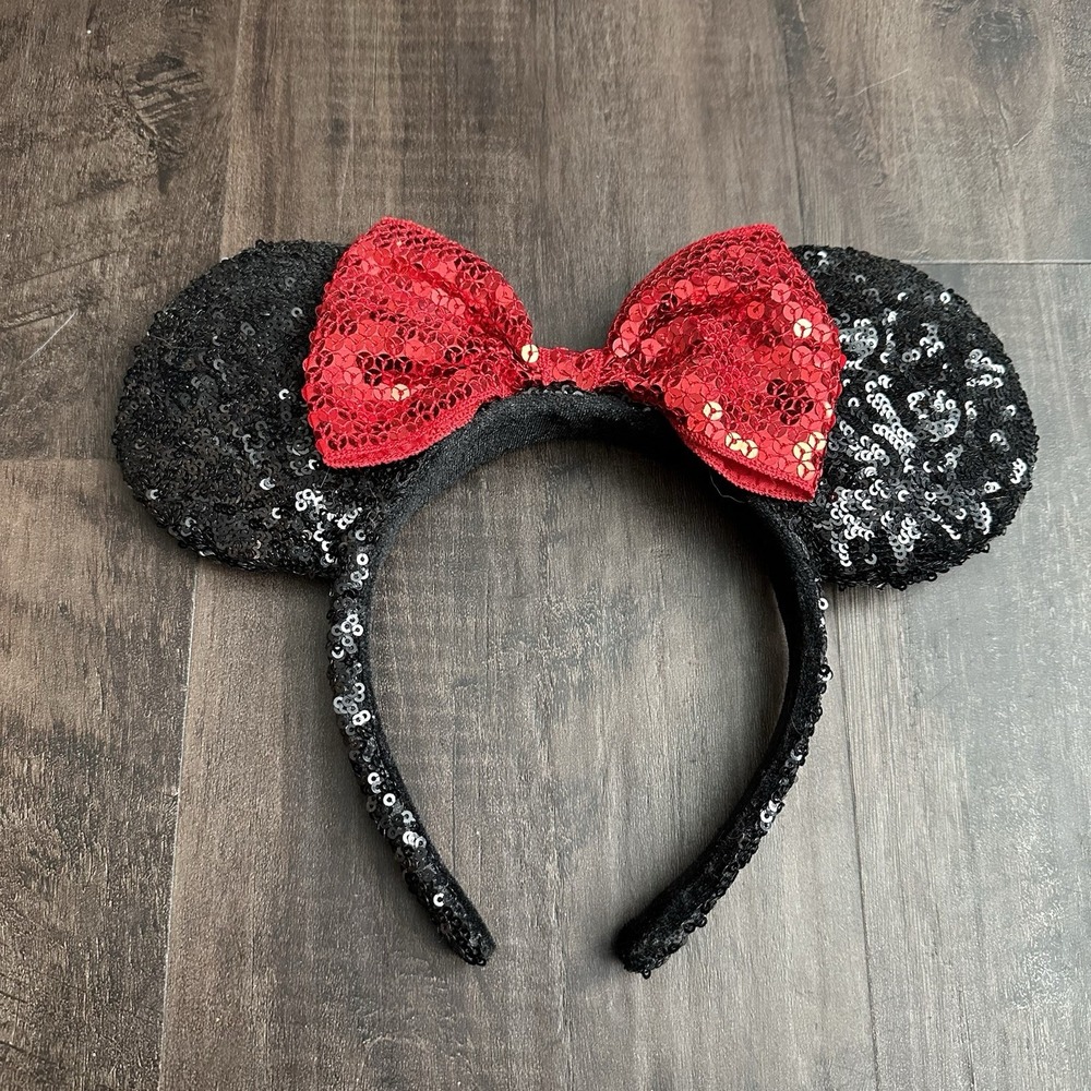 Disney Parks Minnie Mouse Classic Black Sequin Ears With Red Bow Headband No Tag